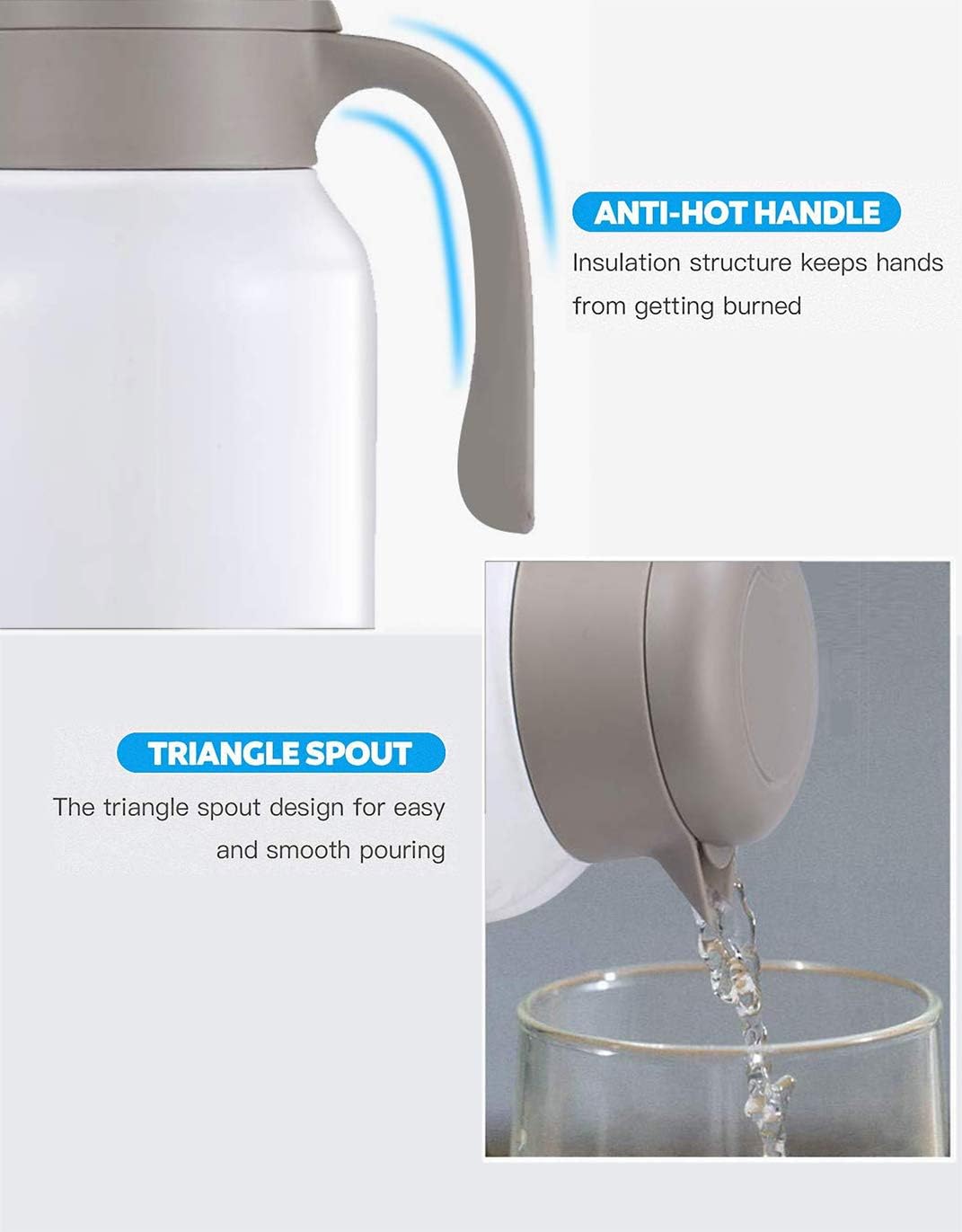 Luvan Thermoskanne 2,0 l, Thermokaraffe aus Edelstahl, Warmhaltefunktion, kalt, 24 Stunden (weiss),