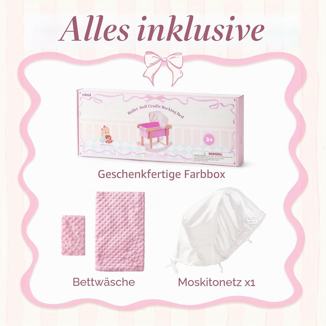 ROBUD Puppenwiege mit Baldachin für 45 cm Puppen, Puppenbett Holz mit Schaukelfunktion, Matratze und