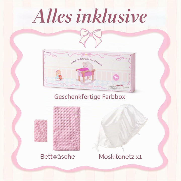 ROBUD Puppenwiege mit Baldachin für 45 cm Puppen, Puppenbett Holz mit Schaukelfunktion, Matratze und