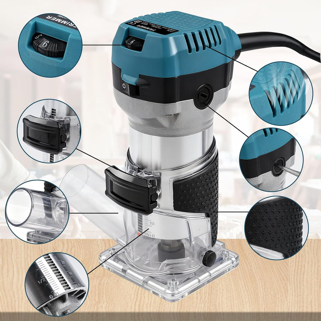 800W Holzfräse Oberfräse, Einhandfräse Oberfräsen Trimmer, 6 Geschwindigkeit 5000-30000RPM Kantenfrä