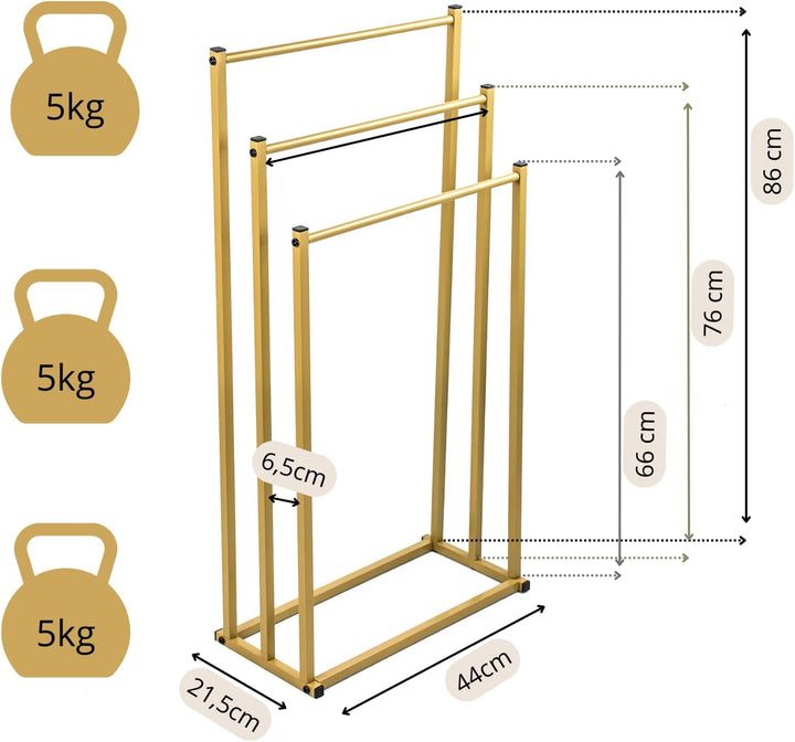 ZOLTA Handtuchständer Gold Metall freistehend 3 Arme 86 cm stabil Handtuchhalter modern Loft Design