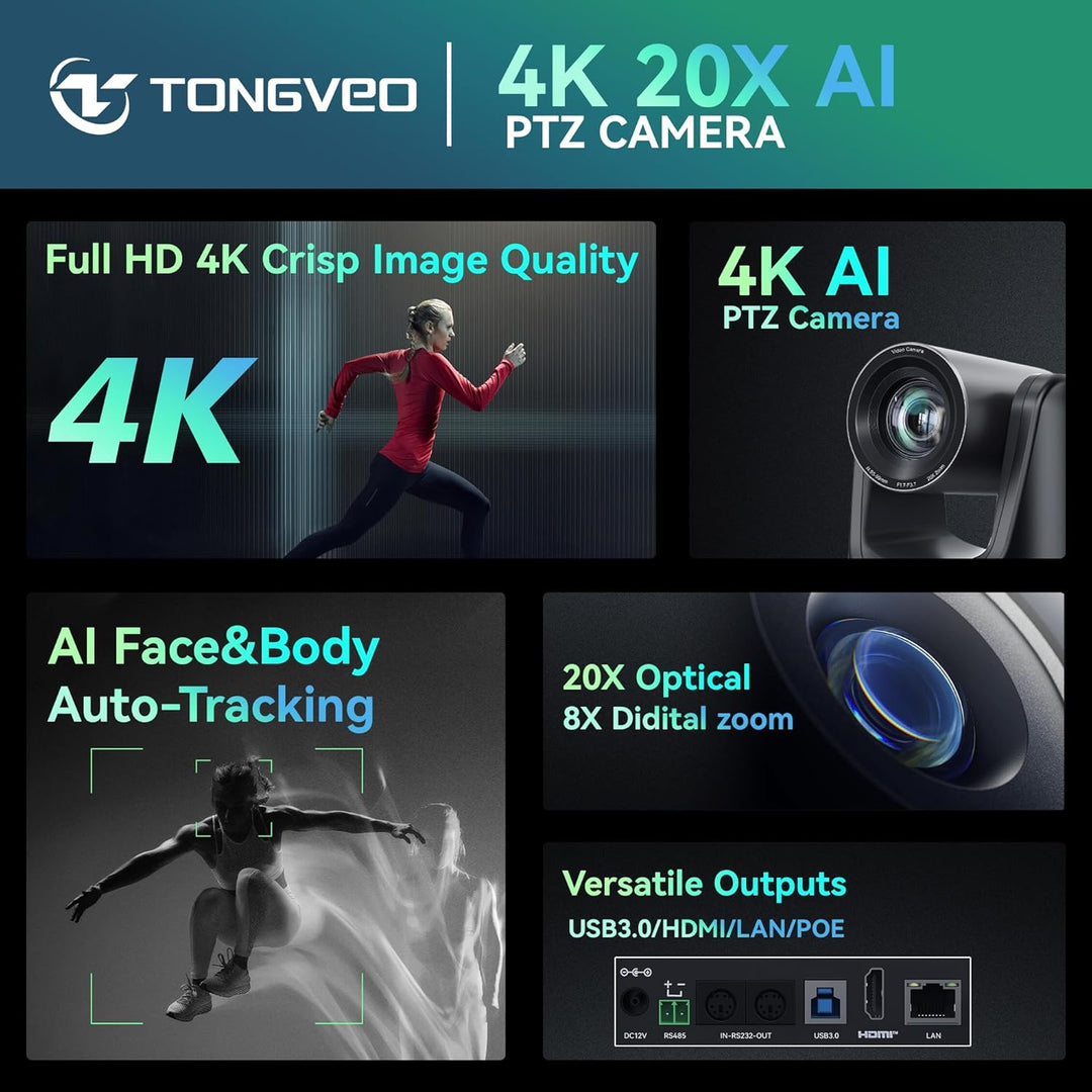 TONGVEO 4K AI PTZ-Kamera mit Auto-Tracking und 20-fachem optischem Zoom, Konferenzkamera mit HDMI/US
