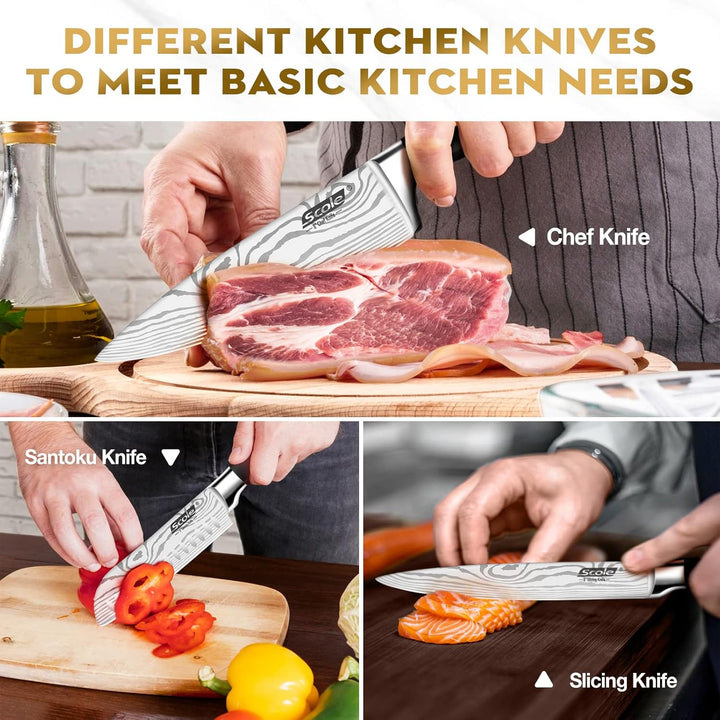 SCOLE® Messerset, Ultra Scharfes Küchenmesser Set 7-teilig, Japanisches Deutsch 1.4116 Edelstahl Mes