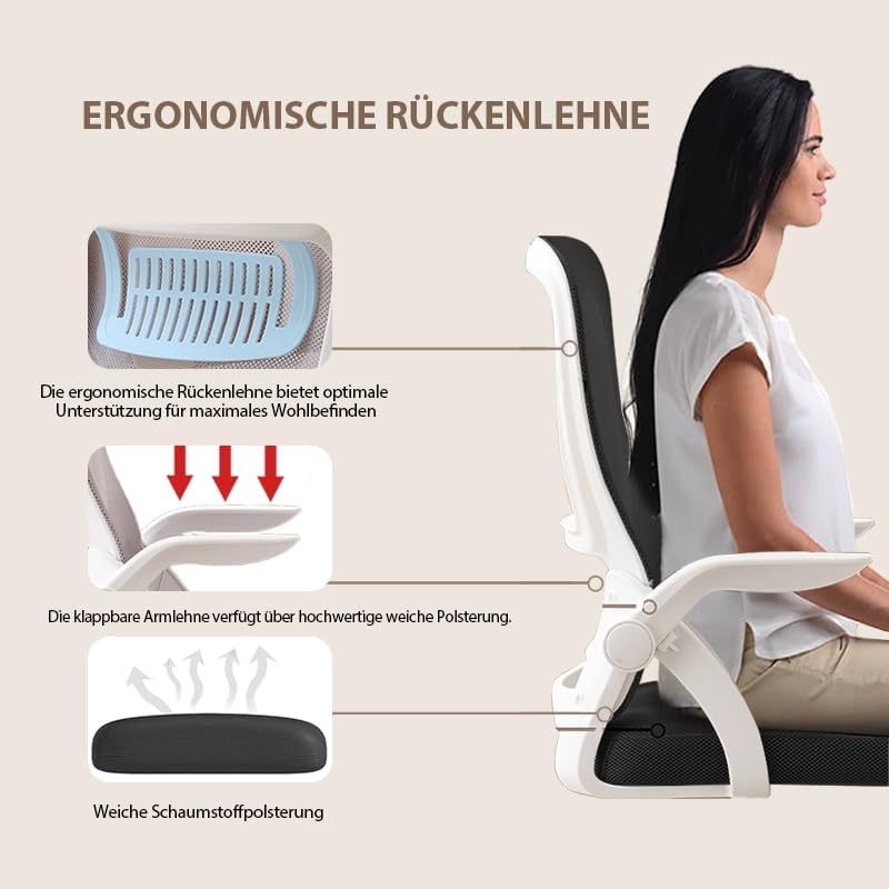 Bürostuhl,Ergonomischer Drehstuhl mit Atmungsaktiver Mesh-Rückenlehne,Hochklappbaren Armlehnen und L