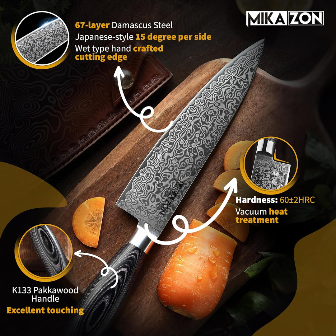 Damast Kochmesser - Professionelles 20.1 cm Küchenmesser mit 67-lagiger Stahlkonstruktion und Pakkah