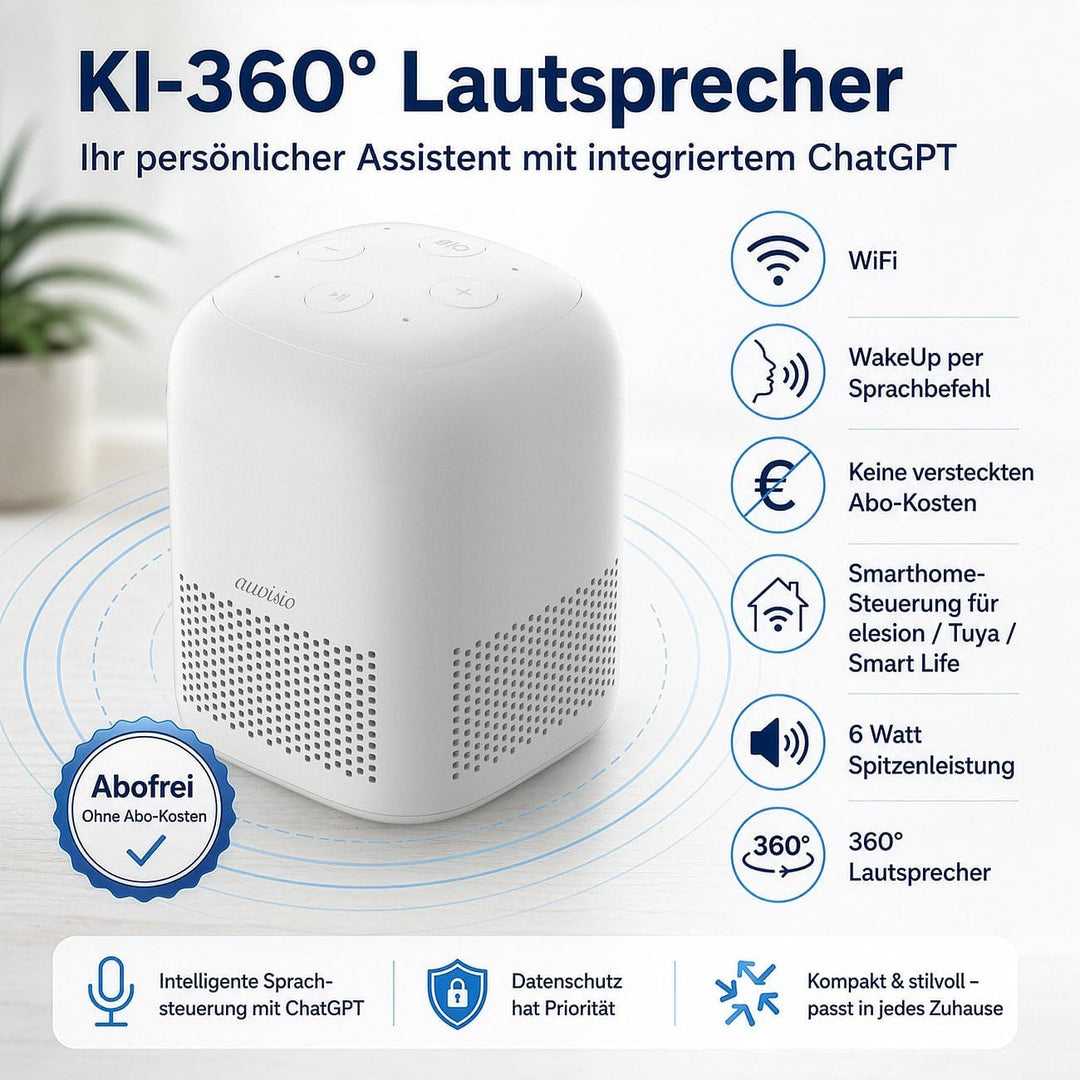 auvisio Smarthome Lautsprecher: KI-Sprachassistent mit ChatGPT,360° Sprachausgabe, Smarthome-Steueru