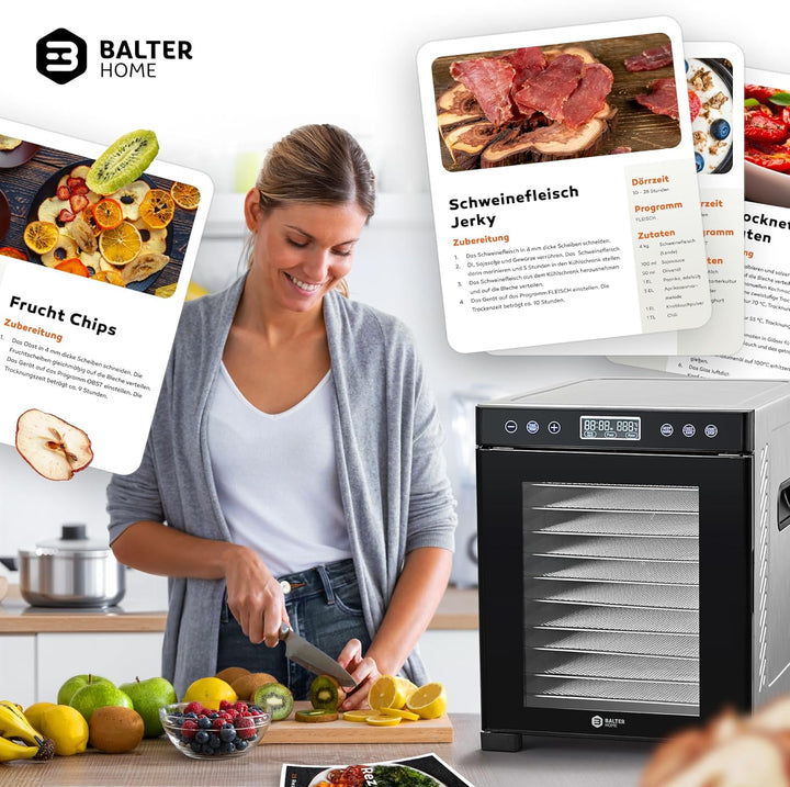 Balter Dörrautomat Edelstahl, Dörrgerät mit 10 Einlegefächern, BPA-frei, 700W, 8400 cm² Dörrfläche,