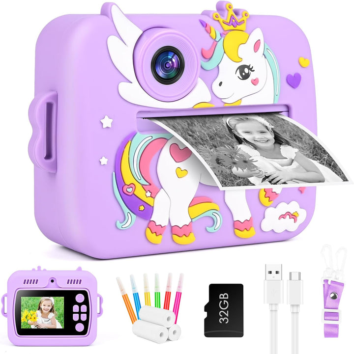 GuKKK Kinderkamera Sofortbildkamera, 2,4 Zoll Sofortbildkamera Kinder mit 32G TF Karte und Fotopapie