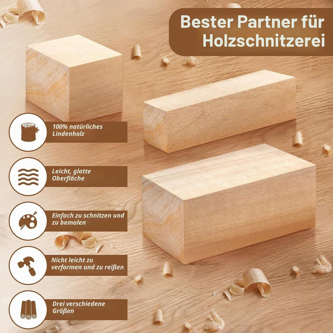 Schnitzholz Linde, 22er Pack Holzblöcke, 3 Grössen Lindenholz zum Schnitzen, Lindenholz-Schnitzblöck