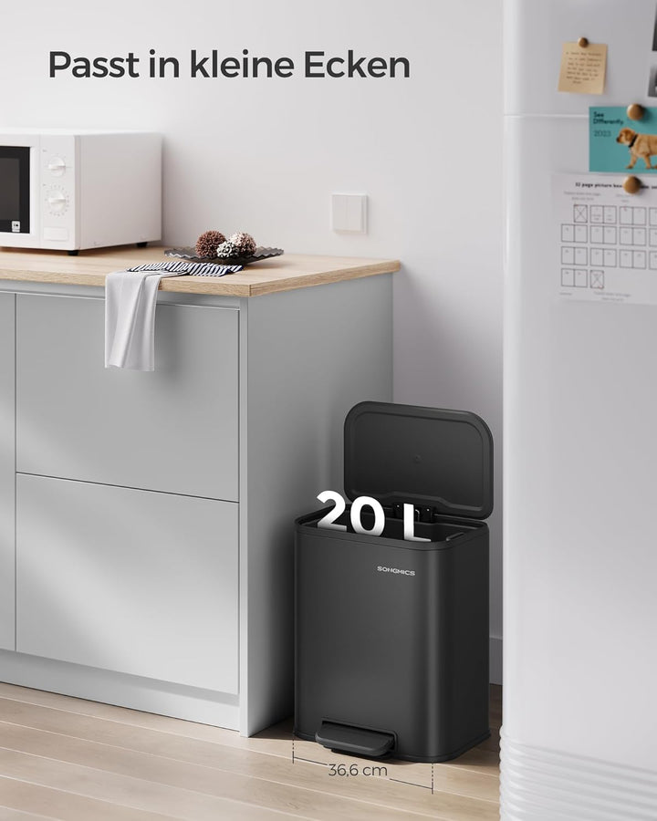 SONGMICS Mülleimer Küche, 20 Liter Abfalleimer mit Deckel, Tretmülleimer, Stahl, Softclose, Offenhal