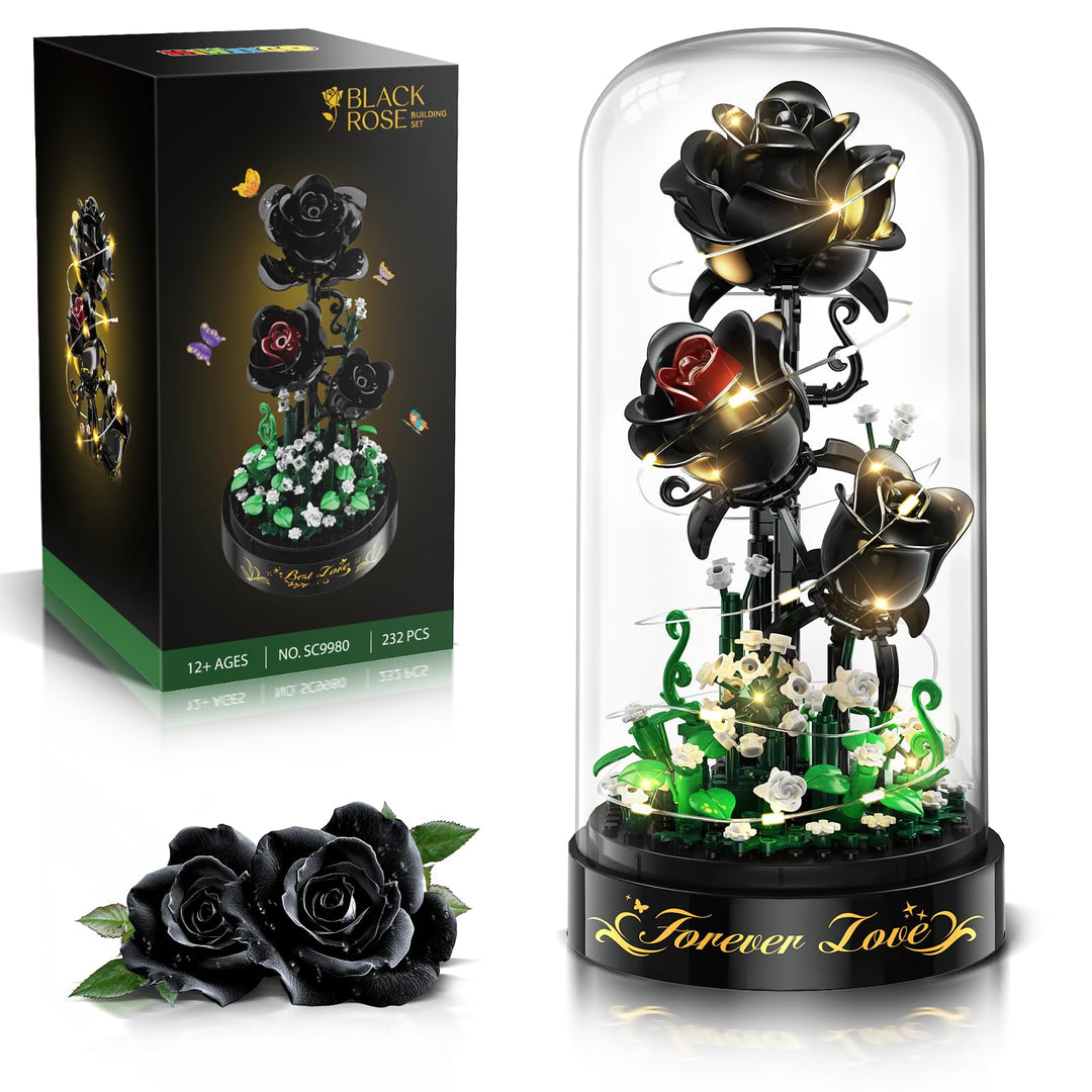 Blumen Rosen Bausatz mit LED Licht, 232 Teile Schwarzer Rosenstrauss, 3.6MM Blumenstrauss Baustein S