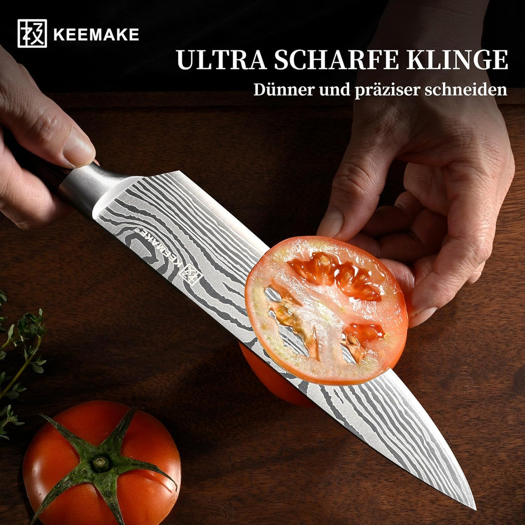 KEEMAKE Küchenmesser Set 5 teilig, Messerset aus Edelstahl mit Profi Brotmesser Kochmesser Santoku M