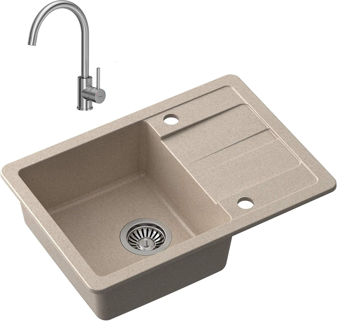 VBChome Spülbecken mit Armatur Beige 62 x 44 cm Granit Einzelbecken Einbauspüle Abtroffläche gespren