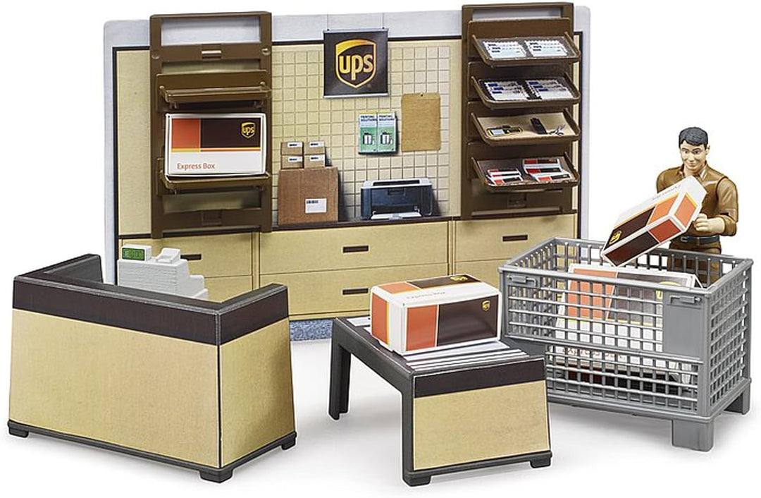 bruder 62250 - Bworld UPS Paketshop mit Tresen, Kasse, Paketwaage, Gitterbox, Pakete, Mitarbeiter &amp;