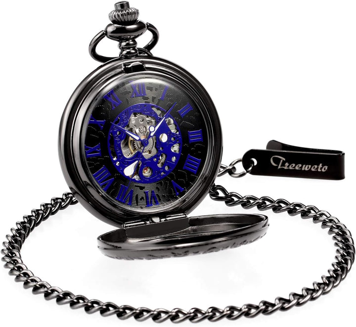 TREEWETO Mechanische Skelett-Taschenuhr für Herren und Damen, Bronze-Ausrüstung, hohles Gehäuse, Ste
