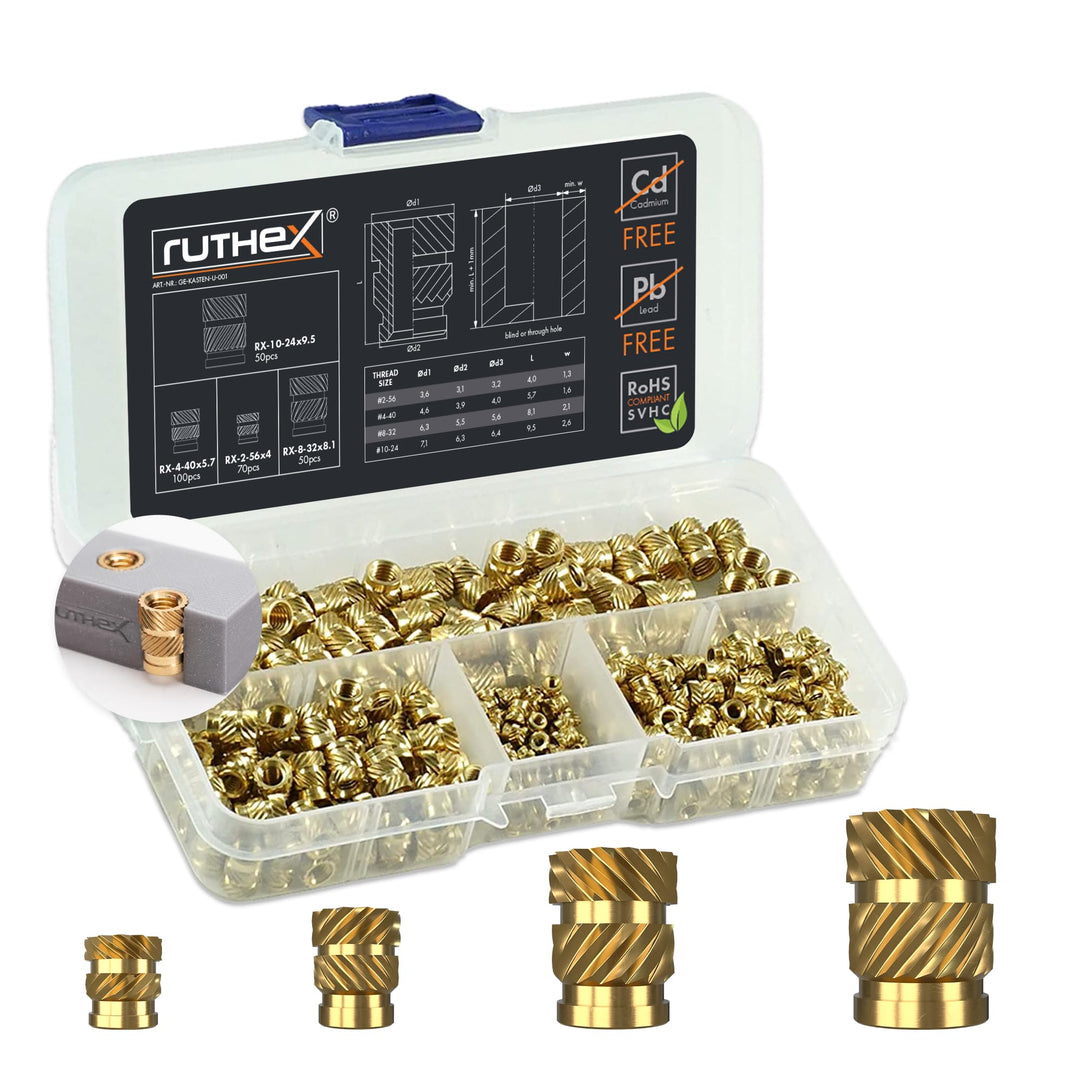 ruthex Gewindeeinsätze #2-56/#4-40/#8-32/#10-24 UNC Sortimentskasten - 70 + 100 + 50 + 50 Stück - BL