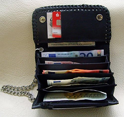 Biker-Leder-Geldbörse Wallet Zierniete Bad-Skull Leder-Farbe Schwarz 16x10cm mit Kette und Schlaufe