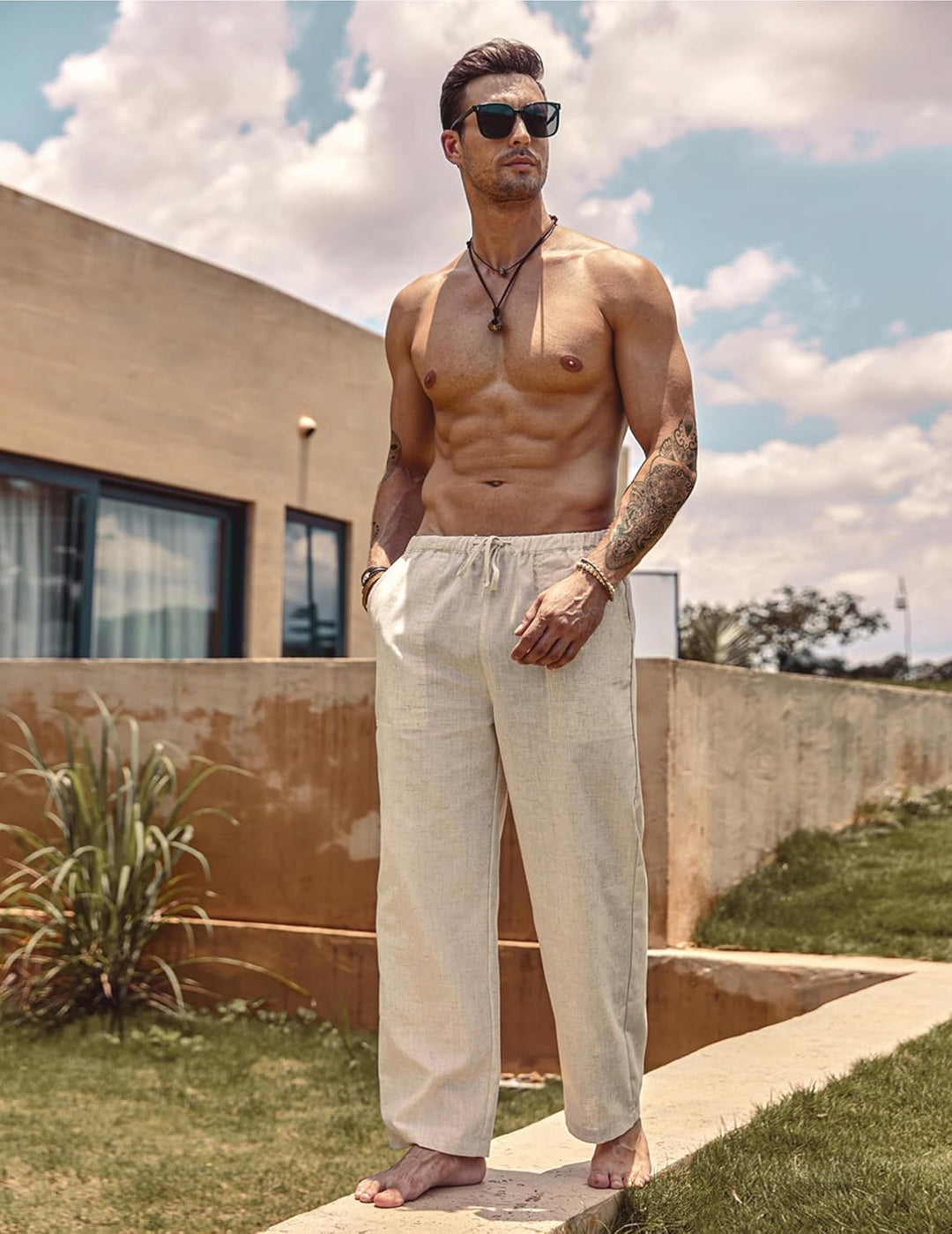 COOFANDY Herren Leinenhose mit Kordelzug Leicht Sommerhose Freizeithose Strandhose mit Tasche Beige
