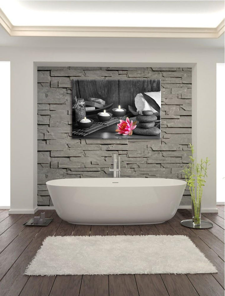 Kerzen mit Seerose und Zen Steinen schwarz/weiss Format: 100x70 auf Leinwand, XXL riesige Bilder fer