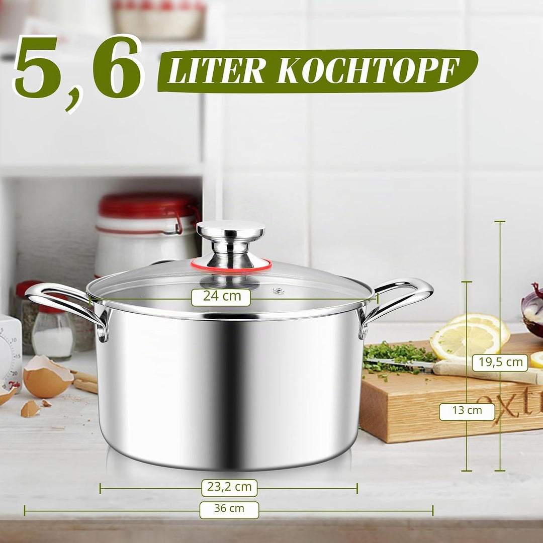 Joyfair Kochtopf, 24cm Premium 3-Lagiger Edelstahl Nudeltopf mit Glasdeckel, 5,6L Kochtopf Induktion