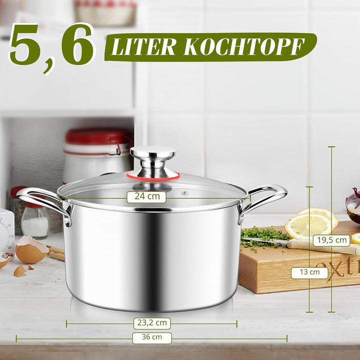 Joyfair Kochtopf, 24cm Premium 3-Lagiger Edelstahl Nudeltopf mit Glasdeckel, 5,6L Kochtopf Induktion
