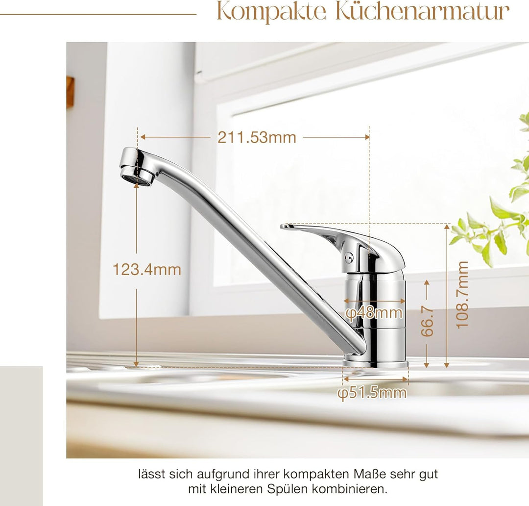 Küchenarmatur in chrom, 360 °Wasserhahn Küche, Wassersparend Mischbatterie mit Kaltstart Keramikkart