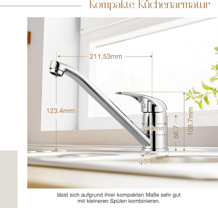 Küchenarmatur in chrom, 360 °Wasserhahn Küche, Wassersparend Mischbatterie mit Kaltstart Keramikkart