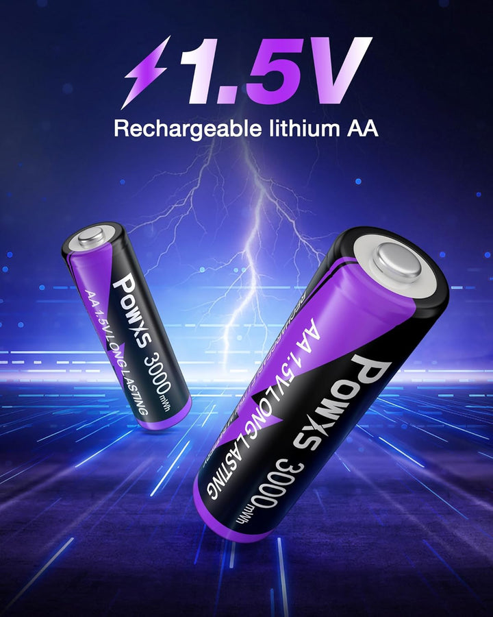 POWXS 1.5V Lithium Akku AA 8-Pack 2000 Zyklen & Stahlgehäuse, 3000mWh,mit USB Schnelladegerät, Kompa
