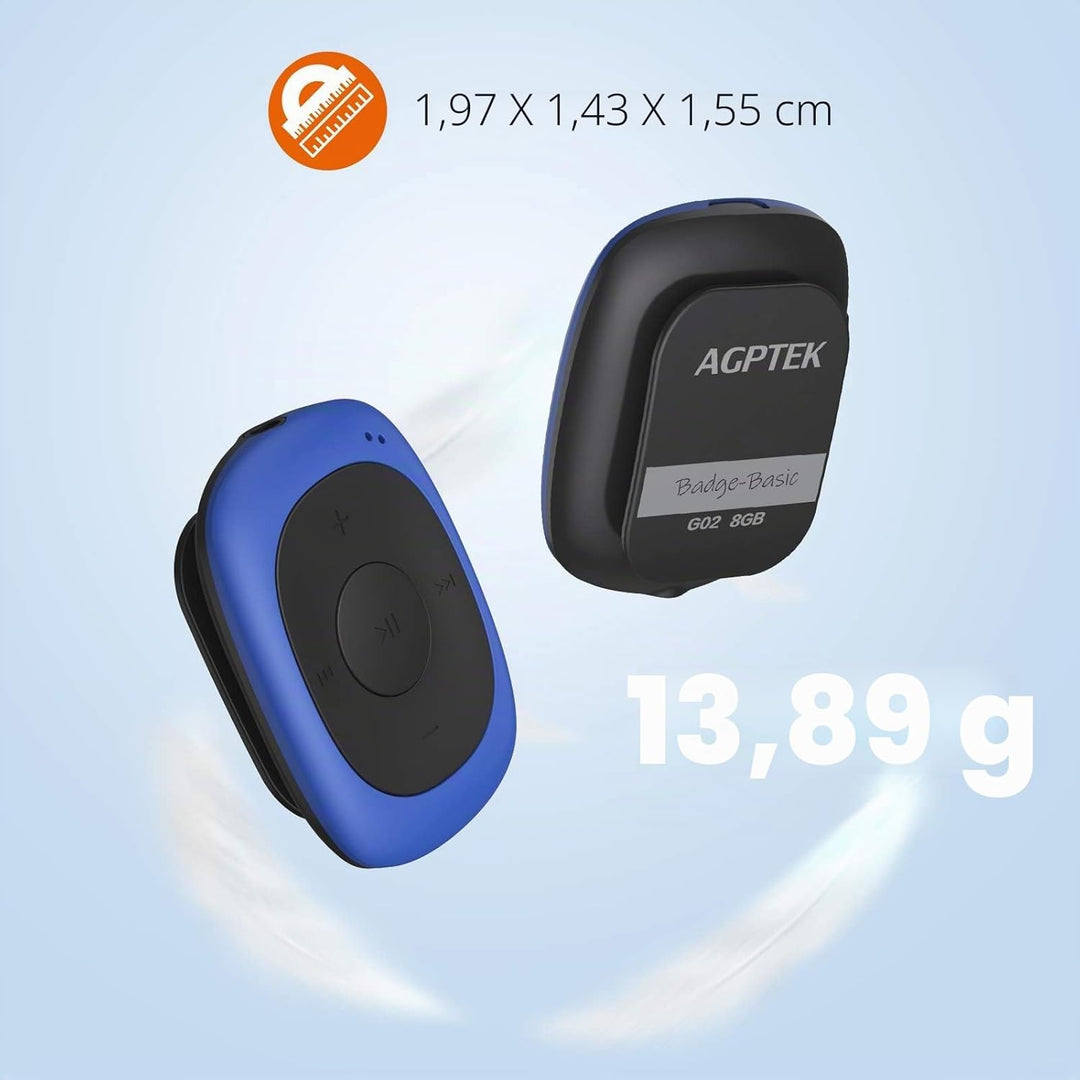 AGPTEK Mini Clip 8GB MP3 Player mit Bügel-Kopfhörer und Silikon Hülle, Leichter Sport Musik Player m