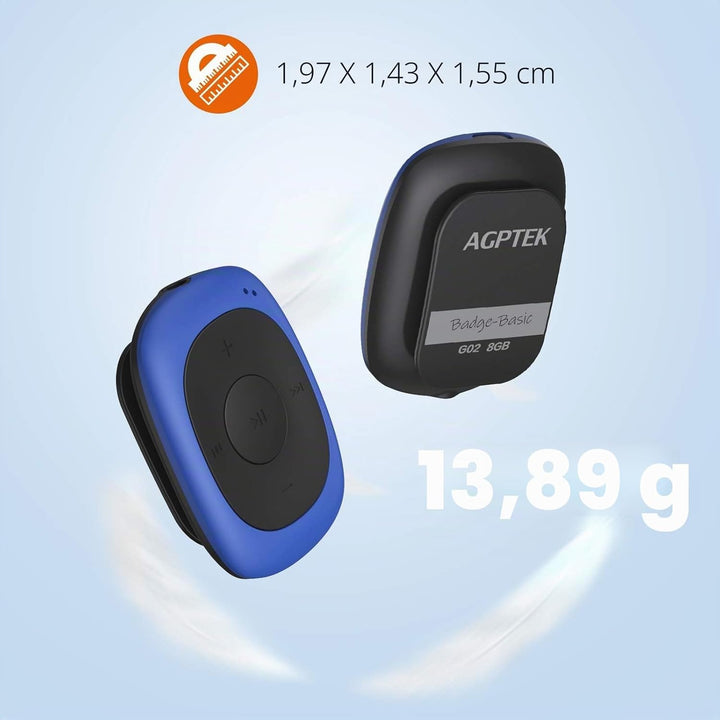 AGPTEK Mini Clip 8GB MP3 Player mit Bügel-Kopfhörer und Silikon Hülle, Leichter Sport Musik Player m