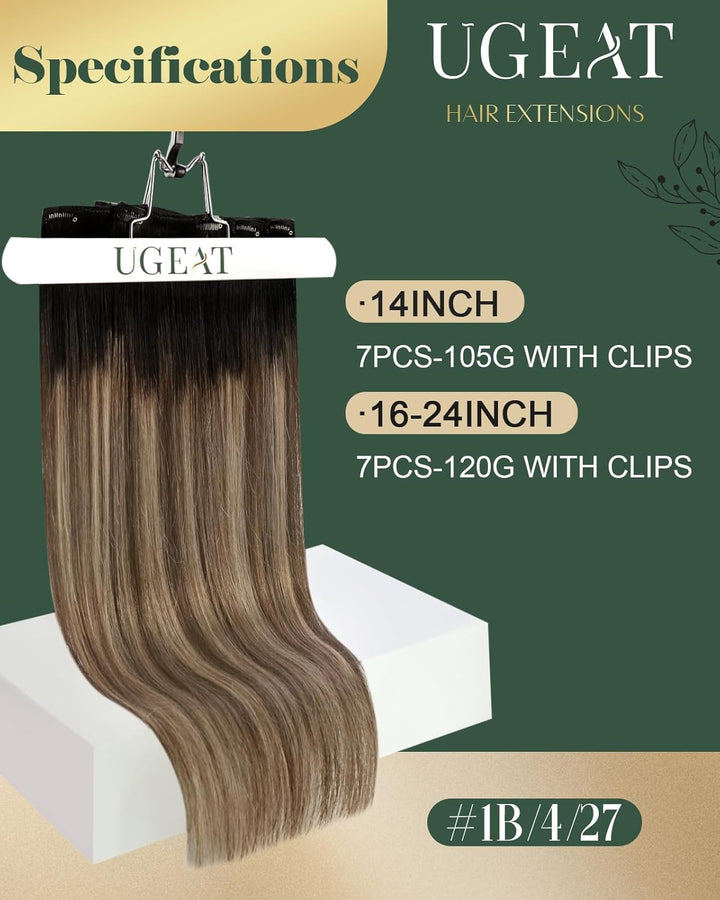 Ugeat Clip in Extensions Echtes Haar Haarverlängerungen 35cm 120g Clip in Schwarz bis Braun und Kara