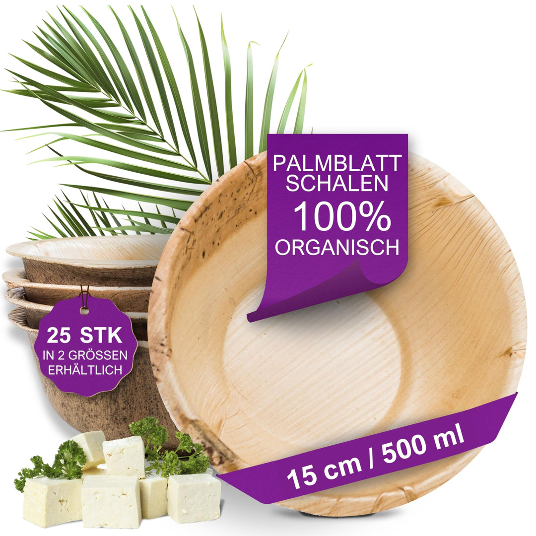 Waipur Bio Palmblatt Schalen - 25 grosse Schalen Ø 15 cm / 500 ml - Premium Einweg Geschirr komposti