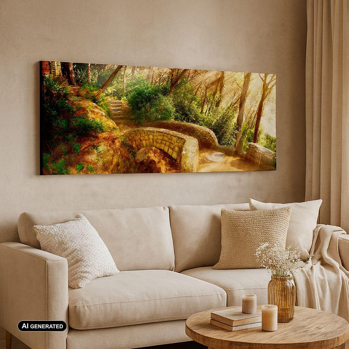 Wandbilder Dekoration Wohnzimmer Pfad Steinbrücke Wald Herbst Panorama Bilder auf Leinwand 120x50cm