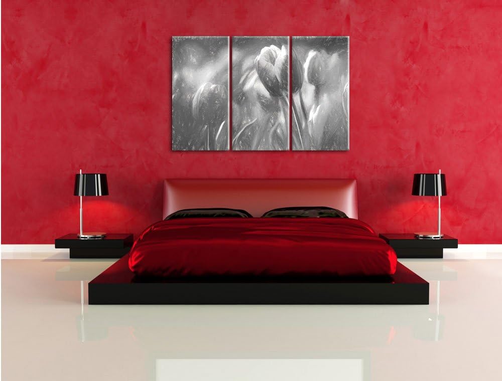 Pixxprint Blühende rote Tulpen Kunst als Leinwandbild/Grösse: 3 Teilig (120x80) / Wandbild/Kunstdruc