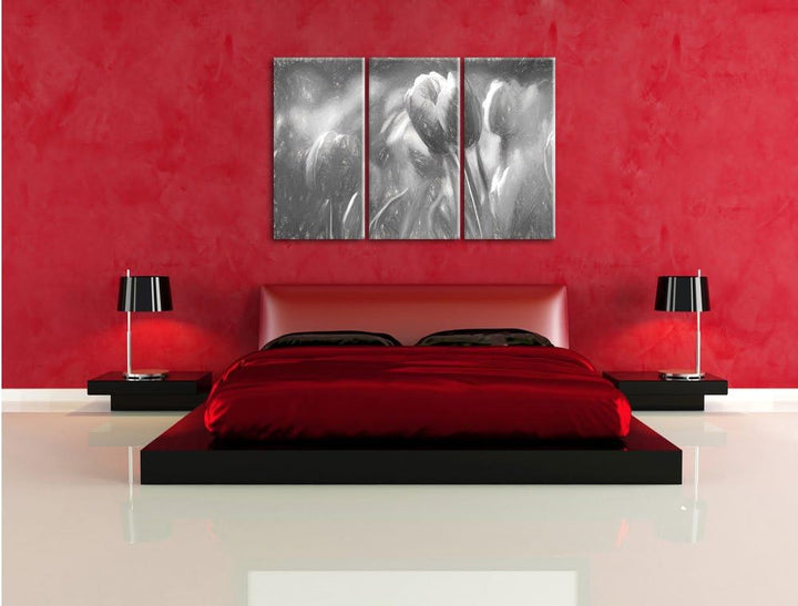 Pixxprint Blühende rote Tulpen Kunst als Leinwandbild/Grösse: 3 Teilig (120x80) / Wandbild/Kunstdruc