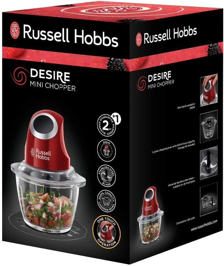 Russell Hobbs Zerkleinerer elektrisch Mini [Glasbehälter inkl. Aufbewahrungsdeckel] Desire Rot (500m