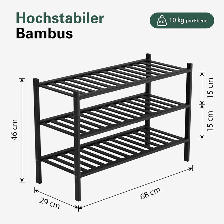 BAM BOO BOX - Schuhregal aus Bambus, Schuhablage mit 3 Ebenen, 68 x 28 x 46 cm, Erweiterbar Stapelba