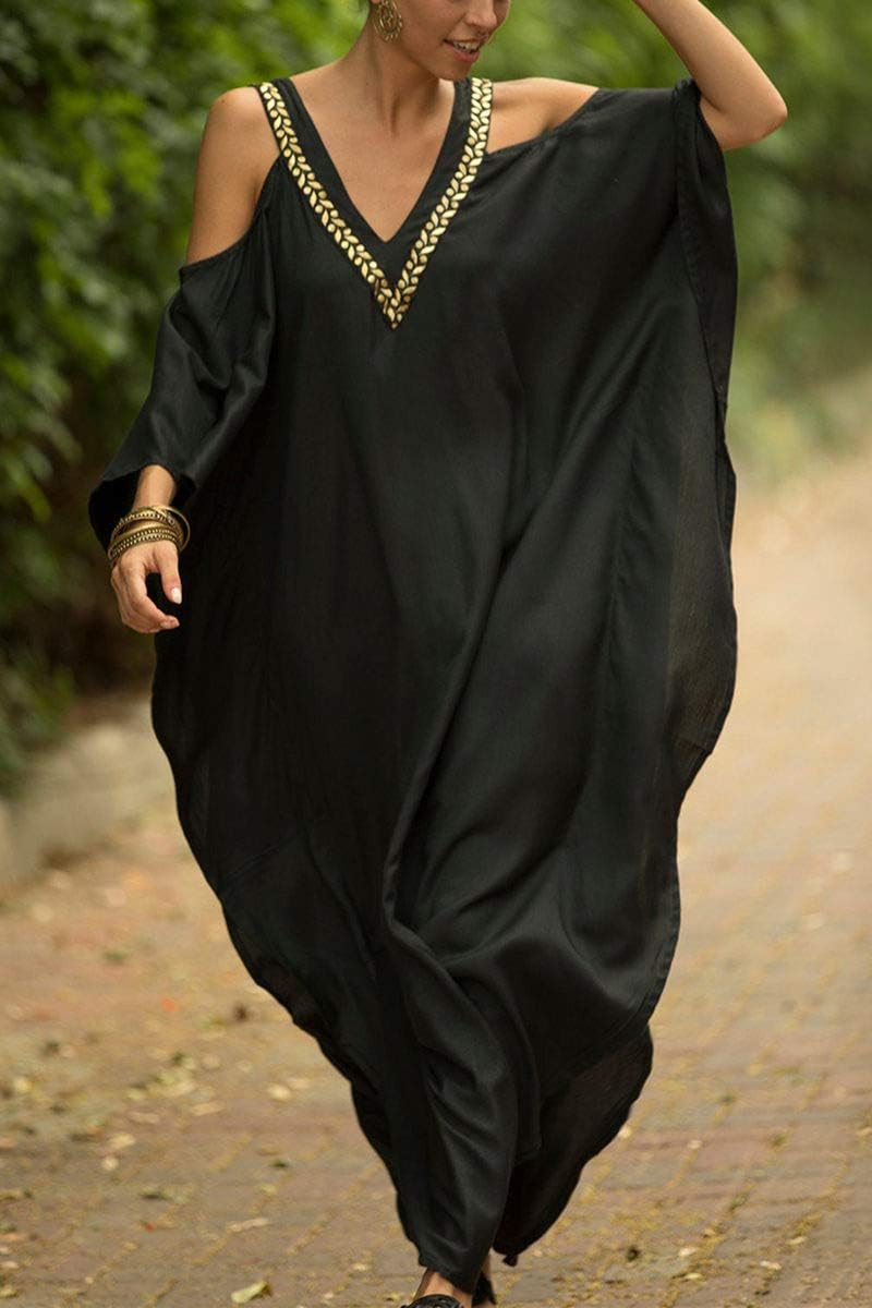 LikeJump Damen Chiffon Bohemien Kaftan Übergrösse Strandkleider Lang Kleid Kimono Badeanzug Cover Up