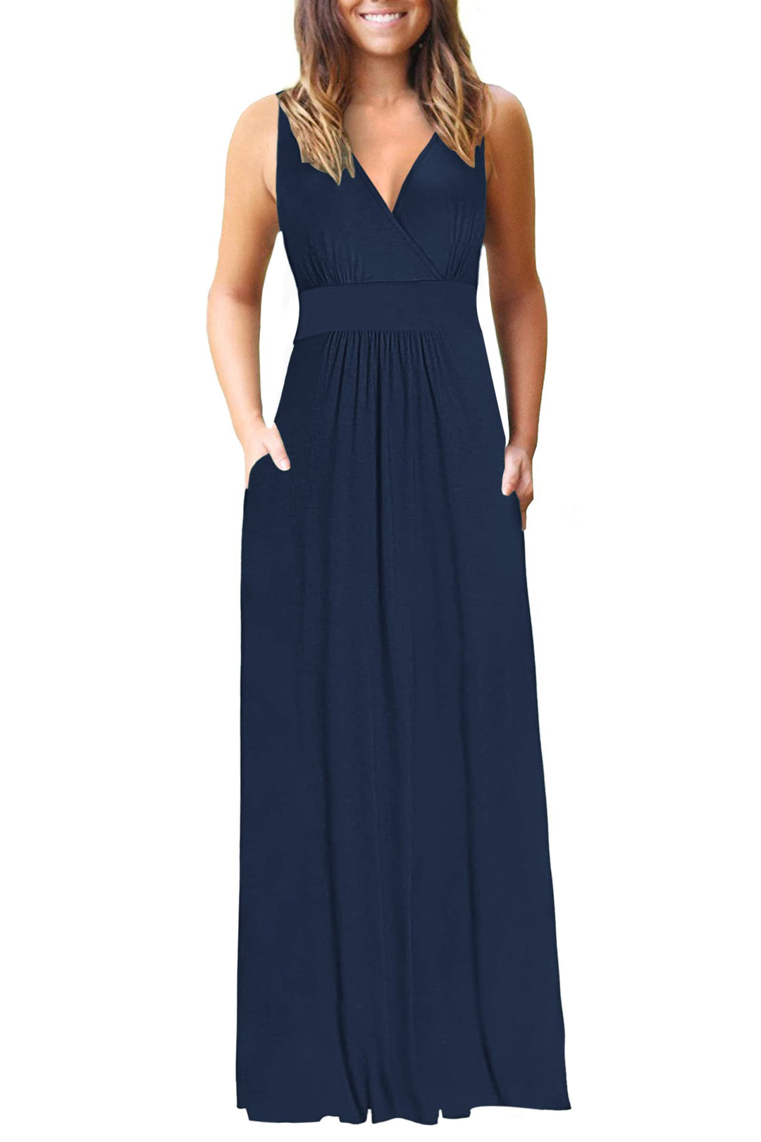 AUSELILY Maxikleid Damen Sommer ärmellos Kleid Lang Elegant tiefem V-Ausschnitt Abendkleid mit Tasch