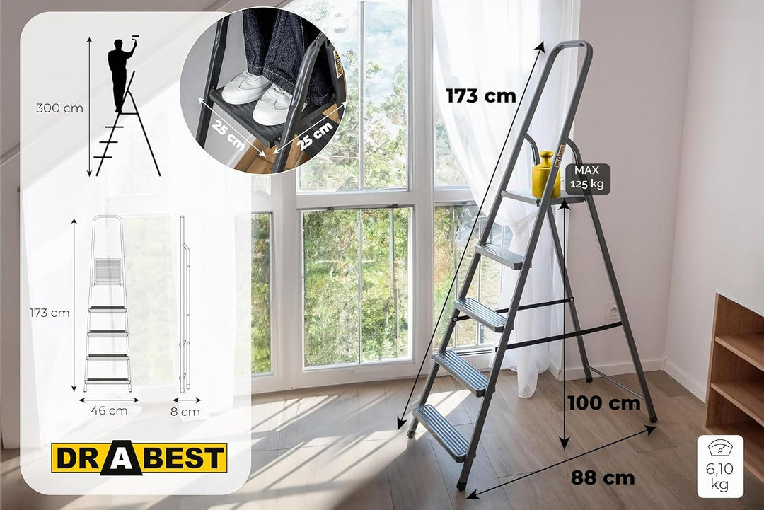 DRABEST - Stehleiter - mit 5 Stufen - bis 125 kg belastbar - 1,73 m lang - Arbeitshöhe 3 m - Trittle