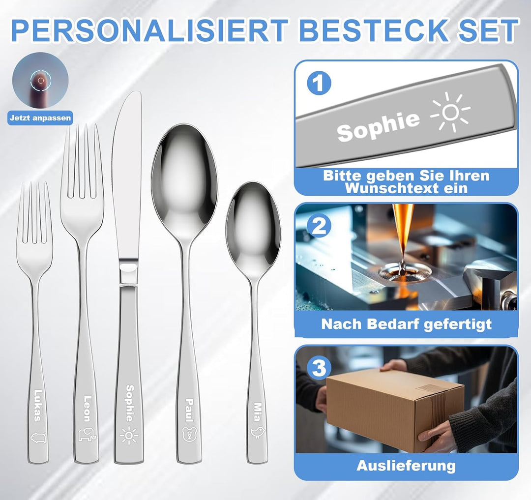 Personalisiert Besteck Set für Kinder Erwachsene, Gravurmaster Edelstahl Besteckset mit Gravur,6-12