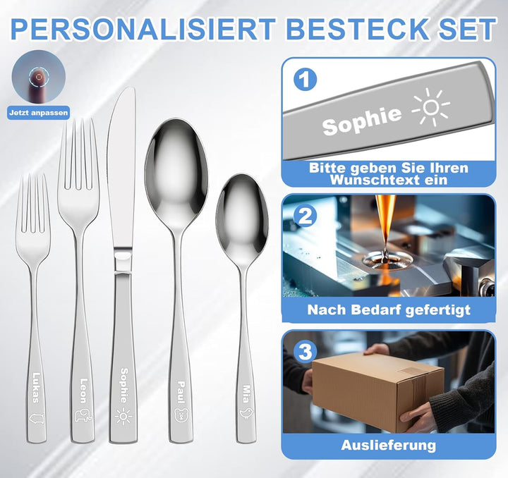 Personalisiert Besteck Set für Kinder Erwachsene, Gravurmaster Edelstahl Besteckset mit Gravur,6-12