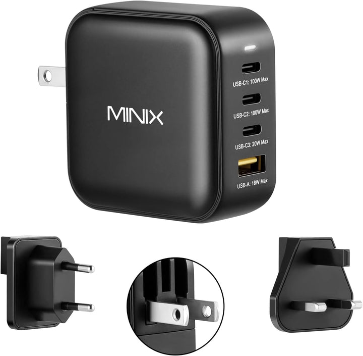 MiniX NEO P3 100W Turbo 4-Ports GaN Wall Charger, 3 x USB-C Port Fast Charging Adapter(Max 100W/20W)