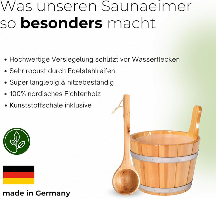 Sauna-Eimer mit Saunakelle aus 100% nordischer Fichte | Deutsches Qualitätsprodukt | 5 Liter Füllvol