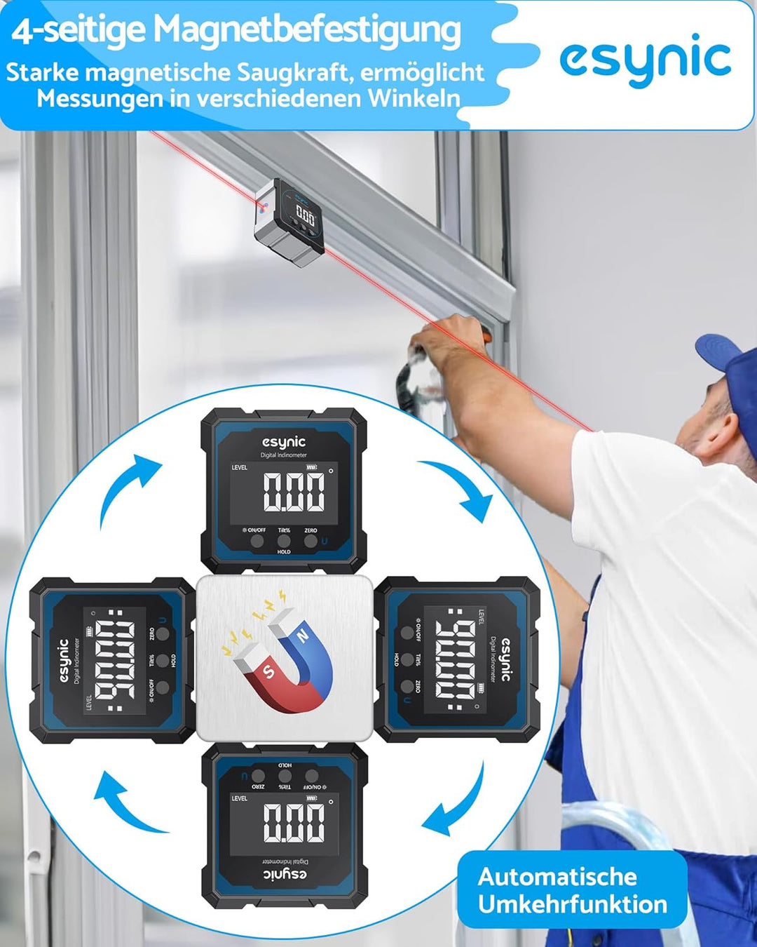 eSynic Digitale Winkelmesser Wasserwaage mit Laser Neigungsmesser 4×90° ±0,1°mit LCD-VA Display Vier