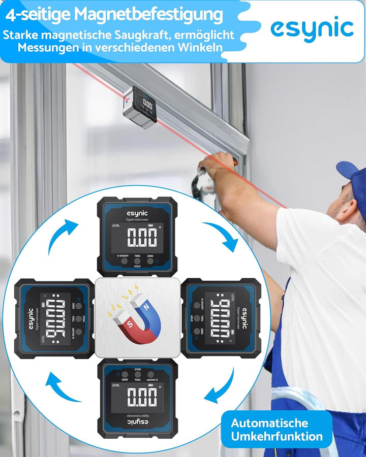 eSynic Digitale Winkelmesser Wasserwaage mit Laser Neigungsmesser 4×90° ±0,1°mit LCD-VA Display Vier