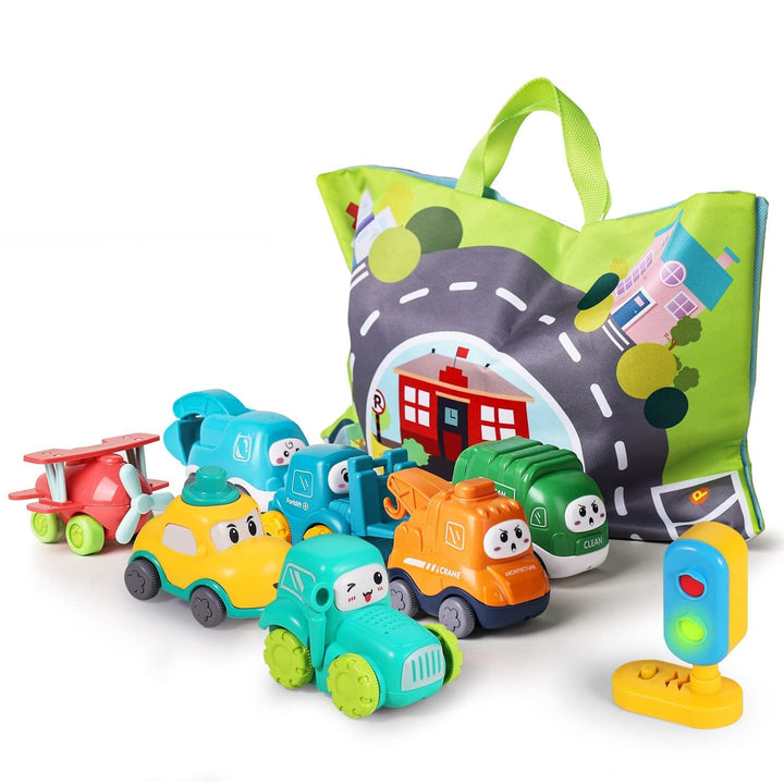 lerrbo 7 Vehicles with Kräne, Map and Blue Traffic Light &Aufbewahrungstasche|Babyspielzeug für 1 jä