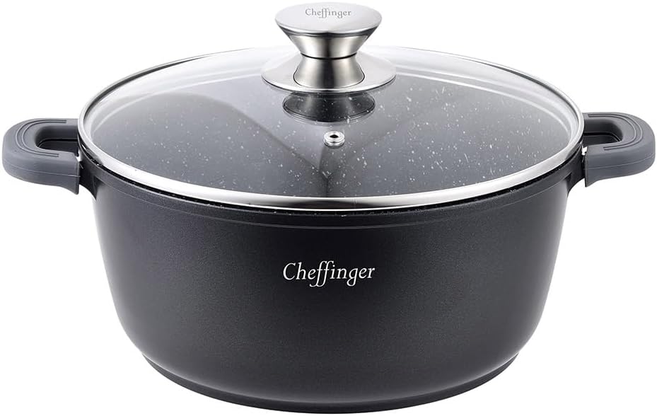 Cheffinger Kochtopf Aluguss Induktion Ø32cm Suppentopf Pfanne Topf Deckel Brattopf Schwarz, CF-DC32