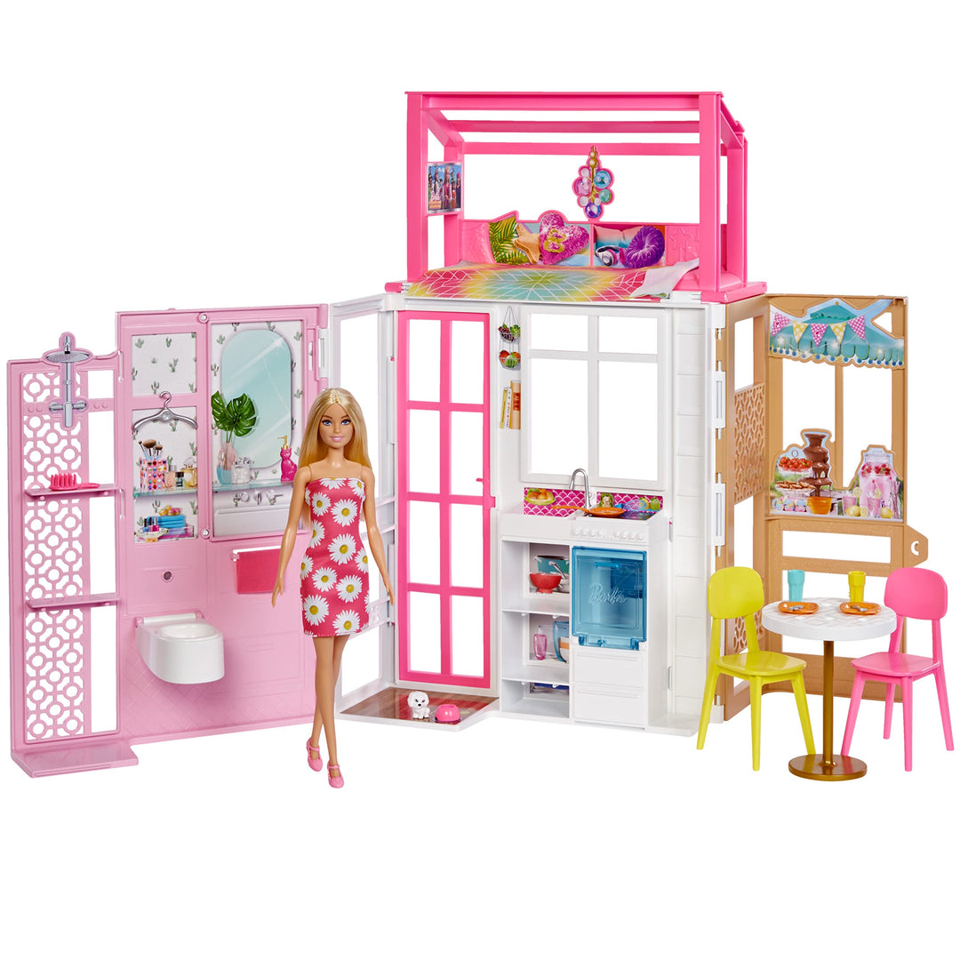 Barbie HCD48 - Puppenhaus-Spielset mit Puppe & Haus mit 2 Ebenen & 4 Spielbereichen, komplett einger