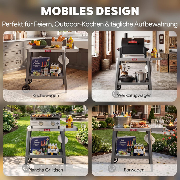 Feasto Grillwagen mit Klappbarem Beistelltisch, Grilltisch mit Rollen, Servierwagen Outdoor für Gart